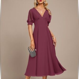 JJ House V-Neck Tea-Length Chiffon Evening Dress with Pleats Mulberry NEW US12